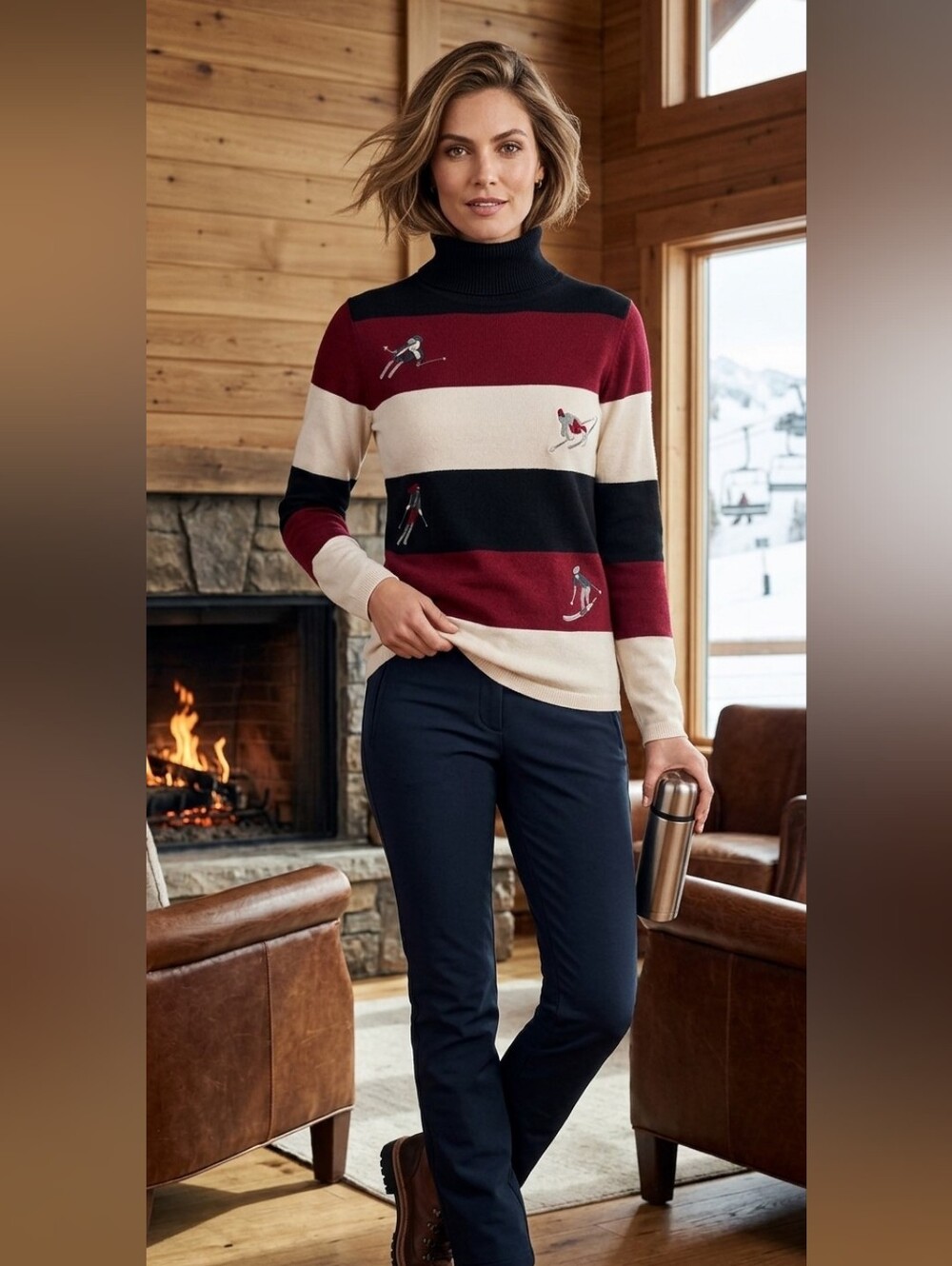 Alp N Rock Ski Motif Striped Turtleneck - Burgundy, Black, Cream